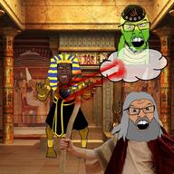 4soyjaks angry beard black_skin brown_eyes clothes cloud egypt full_body glasses god grey_eyes grey_hair grin hat heart judaism kippah laser mustache open_mouth snake soyjak star_of_david stubble variant:feraljak variant:markiplier_soyjak variant:nojak // 1024x1024 // 734.5KB