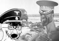 bloodshot_eyes clothes communism crying germanic germany gigachad glasses great_patriotic_war gun hammer_and_sickle hat history military_beret nazism open_mouth soyjak star stubble trend:aryan variant:cryboy_soyjak weapon world_war_2 // 900x627 // 291.0KB