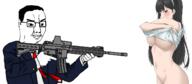 anime arm big_breasts breasts clothes female firearm glasses gun hand holding_gun holding_object holding_rifle naked necktie nsfw rifle smile soyjak suit variant:chudjak weapon // 1452x637 // 336.3KB