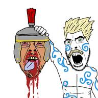 2soyjaks angry arm armor blood bloodshot_eyes brown_skin buff crying dead glasses gore green_eyes hand helmet holding_object holding_severed_head imperial_(the_elder_scrolls) imperial_legion lipstick mustache nipple nord_(the_elder_scrolls) open_mouth roman_legionary_helmet rome severed_head soyjak stormcloak stubble tattoo the_elder_scrolls the_elder_scrolls_v:_skyrim tongue variant:bernd variant:cobson white_skin yellow_hair // 800x800 // 76.3KB