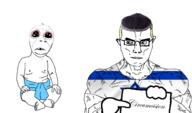 2soyjaks baby bloodshot_eyes chad clothes concerned deformed foot full_body hair hand hat israel judaism loincloth muscles pointing sitting stubble subvariant:chudjak_front subvariant:gerald text tshirt variant:chudjak variant:cobson // 1871x1098 // 459.7KB