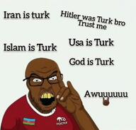 azerbaijan bald beard brown_skin flag:azerbaijan gesture glasses open_mouth soyjak stubble turk variant:feraljak werewolf wolf wolf_salute yellow_teeth // 720x691 // 53.8KB