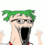 4chan animated anime arm clothes glasses green_hair hair hand hands_up open_mouth poyopoyo retard soyjak stubble subvariant:wewjak tonton variant:soyak white_skin yotsoyba // 400x369 // 622.9KB
