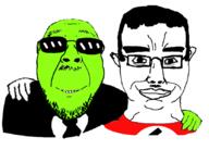 central_intelligence_agency chud_troon_alliance closed_mouth clothes ear friendship glasses glowing glownigger hand mustache necktie smile soyjak stubble subvariant:chudjak_front sunglasses swastika trend:glowie variant:bernd variant:chudjak // 834x600 // 190.7KB