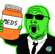 central_intelligence_agency clothes glasses glowing glownigger green_skin holding_object medication_bottle meds schizophrenia suit sunglasses trend:glowie variant:medsjak // 365x362 // 11.6KB