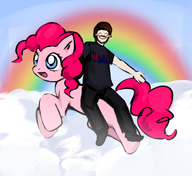 artist:shemmysloota blue_eyes brown_hair clothes cloud ear hair happy lee_goldson meta:edit mustache my_little_pony nas:lee pink_hair pink_skin pinkie_pie pony rainbow sky smile tail white_skin wholesome // 1115x1024 // 681.2KB