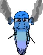 angry bloodshot_eyes blue blue_skin calm closed_mouth ear glasses head_steam ogre_ears soyjak stretched_chin stubble variant:markiplier_soyjak // 785x1000 // 40.4KB