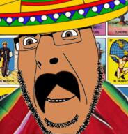 Lotería_card brown_eyes brown_skin buff clothes earth full_body glasses guitar hat holding_object mexico mustache poncho smile sombrero soyjak spanish_text stubble variant:cobson // 676x707 // 483.6KB