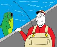 2soyjaks arm cap clothes fish fishing glasses hand hat open_mouth overalls smile soyjak stubble subvariant:wholesome_soyjak variant:excited_soyjak variant:gapejak water // 2740x2236 // 1.8MB