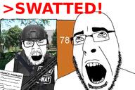 2soyjaks glasses gun helmet holding_object holding_paper police swat swatted swatting text variant:cobson variant:feraljak weapon // 657x437 // 261.7KB