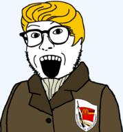 arm clothes communism east_germany flag german_text germany glasses gun hand holding_object open_mouth soyjak stasi stubble variant:niceboy yellow_hair // 834x893 // 123.9KB