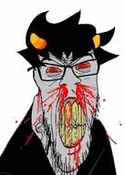 angry blood blood_drip blood_from_mouth blood_on_face blood_spray bloodshot_eyes clenched_teeth clothes cracked_teeth glasses grey_skin hair homestuck horn jpeg_compression karkat_vantas looking_at_you low_quality low_resolution nosebleed red_eyes sharp_teeth soyjak stubble subvariant:feralrage troll_(homestuck) v-shaped_eyebrows variant:feraljak vein // 412x577 // 59.1KB