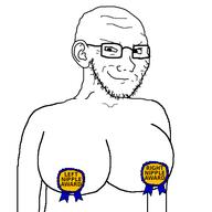 arm award breasts closed_mouth ear glasses smile smug soyjak stubble text variant:soyak white_background // 600x600 // 41.9KB