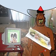 body_pillow brown_skin clothes gooner hat irl_background rule34 screen soytan_is_nas speech_bubble subvariant:chudplier variant:markiplier_soyjak variant:soytan // 2048x2048 // 3.0MB