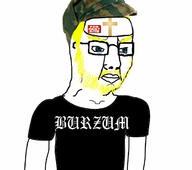 arm blue_eyes burzum cap christianity closed_mouth clothes cross glasses hair hat rent_free sign soyjak stubble text tshirt varg varg_vikernes variant:chudjak yellow_hair // 700x619 // 139.5KB