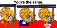 asian china crying flag:china flag:hong_kong flag:lgbt_pride_flag flag:taiwan glasses hanging hong_kong lgbt queen_of_spades rope slant_eyes taiwan text variant:bernd yellow_skin you're_the_same // 1576x780 // 646.3KB