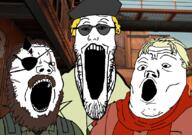 3soyjaks beard beret big_boss brown_hair clothes eyepatch glasses hair kaz kuz metal_gear mustache open_mouth revolver_ocelot scar soyjak stretched_mouth stubble sunglasses trend:soyjak_trio variant:gapejak variant:markiplier_soyjak variant:tony_soprano_soyjak venus yellow_hair // 828x581 // 407.3KB