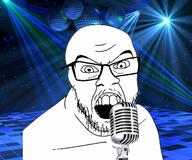 angry disco glasses microphone open_mouth soyjak stubble variant:feraljak // 1200x1000 // 1.2MB
