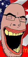 amerimutt brown_skin closed_eyes clothes flag glasses laughing mcdonalds open_mouth soyjak stubble united_states variant:cobson // 775x1581 // 363.2KB