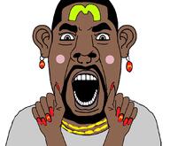 black_skin blush clothes earring facial_mark forehead_mark hair kanye_west mcdonalds necklace nose_piercing nose_ring open_mouth painted_nails soyjak subvariant:cobson_front subvariant:slutson tshirt variant:cobson // 1070x920 // 37.4KB