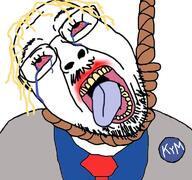 badge bloodshot_eyes clothes crying glasses hair hanging jacket knowyourmeme mustache necktie open_mouth rope soyjak stubble suicide tongue variant:bernd yellow_hair yellow_teeth // 768x719 // 444.2KB