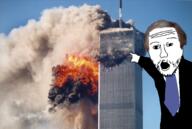 9_11 arm clothes george_bush_jr glasses hair hand irl_background necktie open_mouth pointing president soyjak stubble suit united_states variant:two_pointing_soyjaks // 893x599 // 867.2KB