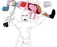 2soyjaks arm bbc blood clenched_teeth closed_mouth clothes dead discord distorted full_body glasses gore guts hand hanging leg morocco open_mouth purple_hair queen_of_spades rope soyjak spade stubble text tranny variant:gapejak variant:jasonjak // 1918x1582 // 146.1KB