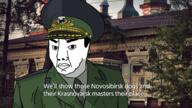 angry closed_mouth clothes coat_of_arms eyebrows frown hair hat irkutsk irl_background military military_cap necktie soyjak text uniform variant:chudjak // 1920x1080 // 2.5MB