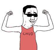 arm chud closed_mouth clothes glasses hair hand hands_up sleeveless_shirt smile soyjak sunglasses text variant:chudjak // 498x452 // 49.1KB