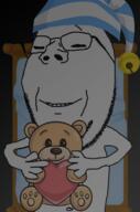 arm bed closed_eyes closed_mouth dark glasses hand heart sleep sleep_cap sleeping sleepy smile stubble subvariant:wholesome_soyjak teddy_bear variant:gapejak // 397x600 // 244.0KB
