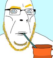 aryan blue_background blue_eyes cup drinking glasses half_open_mouth soyjak stubble variant:cobson yellow_eyebrows yellow_stubble // 775x849 // 131.5KB