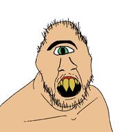 balding green_eyes mustache one_eye open_mouth sharp_teeth soyjak stubble variant:feraljak white_skin yellow_teeth // 1500x1500 // 34.2KB