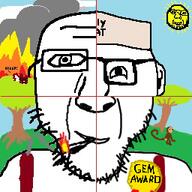 3soyjaks animal award beard cigarette closed_mouth cloud drawn_background fire gem glasses monkey nigger quarterjak red_lines series:quarterjaks smile smoke soyjak squirrel subvariant:feralsquirrel subvariant:wholesome_soyjak sun suspenders text tree variant:feraljak variant:gapejak variant:unknown // 256x256 // 65.1KB