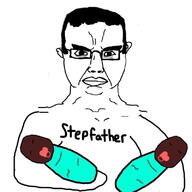 angry arm baby black_skin closed_mouth cuck ear father glasses hair holding_object pacifier soyjak stepfather subvariant:chudjak_front text thick_eyebrows variant:chudjak // 800x800 // 83.4KB