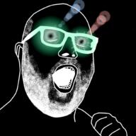 black_skin ear glasses glowing_eyes hand inverted open_mouth soyjak stubble thougher variant:hot_sauce // 1024x1024 // 539.0KB