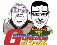 2soyjaks chud_troon_alliance closed_mouth clothes ear friendship glasses gundam hair mobile_suit_gundam mustache purple_hair smile soyjak subvariant:chudjak_front tranny uniform variant:bernd variant:chudjak // 746x589 // 351.1KB