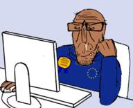 award beard brown_skin closed_mouth computer crying desk european european_union flag flag:european_union glasses hand most_obsessed_faggot_award mouse mutt red_eyes shitskin smug star_(symbol) subvariant:euromutt sweater variant:markiplier_soyjak // 747x608 // 245.0KB