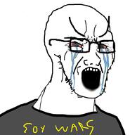 bloodshot_eyes clothes crying glasses open_mouth soyjak star_wars stretched_mouth stubble text tv_(4chan) variant:soyak // 961x1000 // 243.8KB