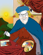 3soyjaks angeleno blue classical_art classical_art_parody clothes color_palette colors cup curtain gem glowing hat meta:namefags meta:op_took_a_selfie_of_xerself painting plant profile_picture red robes sky sonnenrad soyjak subvariant:wholesome_soyjak text thales_(user) thrembos_halo tree variant:feraljak variant:gapejak variant:impish_soyak_ears water yellow // 800x1028 // 753.3KB