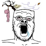 bloodshot_eyes brain cross_eyed dead drool glasses hanging leaf mustache nail open_mouth paper plant rope soyjak stubble suicide teeth text tree variant:a24_slowburn_soyjak vein wind // 1412x1412 // 1.5MB