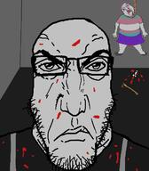 2soyjaks axe blood blood_splatter bloodshot_eyes castration closed_mouth clothes dark frown full_body genital_mutilation glasses hanging penis punisher_face rope severed_penis soyjak stubble tranny variant:bernd variant:markiplier_soyjak // 630x720 // 35.6KB