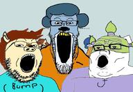 3soyjaks blue_hair brown_hair clothes ear glasses hair meta:tagme open_mouth soyjak stretched_mouth stubble trend:soyjak_trio variant:gapejak variant:markiplier_soyjak variant:tony_soprano_soyjak // 853x589 // 211.3KB