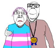 2soyjaks arm closed_mouth clothes flag:transgender_pride_flag frown full_body grin hair lipstick medal nigger purple_hair soyjak stubble text tranny transgender_flag variant:bernd variant:dubbbzjak // 939x801 // 227.3KB