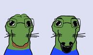 2soyjaks animal closed_mouth clothes dog frog glasses green_skin lips open_mouth pepe smile soyjak variant:dogjak whisker // 1368x806 // 24.1KB