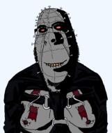 biting_lip cenobite clothes distorted evil glasses grey_skin hellraiser ominous pinhead_(hellraiser) red_eyes shadow smile soyjak stubble subvariant:hornyson variant:cobson yellow_teeth // 1147x1367 // 61.6KB