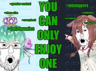 2soyjaks arm brown_hair clothes female finana_ryugu glasses green_hair greentext hakr hand hat hololive inugami_korone nijisanji open_mouth pointing soyjak stubble text variant:two_pointing_soyjaks vtuber // 1100x807 // 160.8KB
