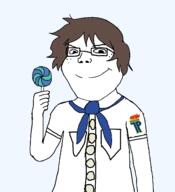 arm badge brown_hair closed_mouth clothes east_germany ernst_thalmann_pioneer_oganisation german_text germany glasses hair hand holding_lollipop holding_object lollipop smile soyjak subvariant:shoyta tshirt variant:gapejak // 1292x1420 // 111.5KB