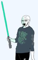 black_shorts blue_shirt glasses holding_object lightsaber nike open_mouth skull soyjak star_wars stubble traced transparent_background variant:soyak // 1896x2989 // 404.2KB