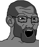 beard ear gigachad glasses grey_skin hair half_open_eyes nas:gigachad open_mouth subvariant:gigachadjak teeth variant:soyak white_background wrinkles