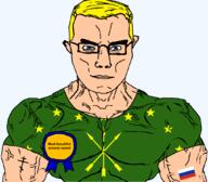 Adygea arm arrow award blue_eyes buff closed_mouth clothes eastern_orthodox flag flag:adygea flag:russia glasses hair orthodox_cross russia soyjak star_(symbol) subvariant:chudjak_front subvariant:muscular_chud text transparent transparent_background tshirt variant:chudjak vein women yellow_hair // 1059x929 // 87.4KB